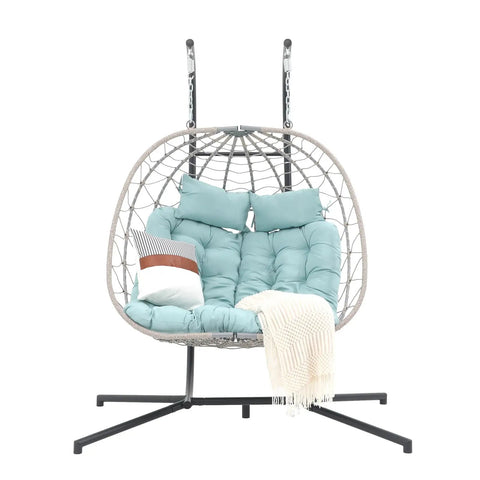 Two Person Egg Swing Chair With Stand For Indoor And Outdoor Patio Wicker Rattan Hanging Chair With Cushion And Pillow