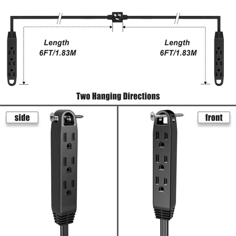 Diagram of 12Ft 3 Prong Twin Extension Cord With 6 Outlets And Dual 6Ft Sides, showing side and front views for hanging directions.