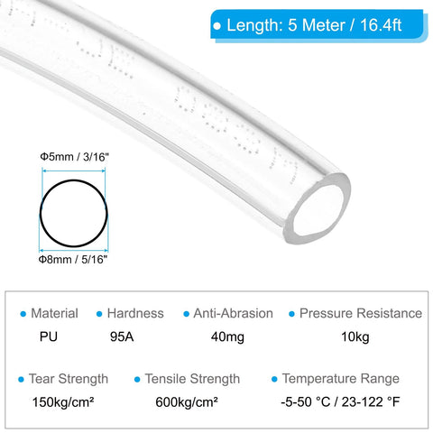 Clear PU pneumatic tubing, 5/16 in (8 mm) OD, 5 mm ID, 5 m long.