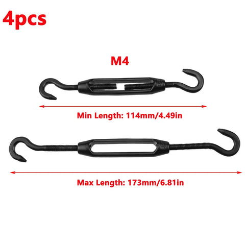 Stainless Steel Turnbuckle Set With Hooks M4 Black 4 Pack, showing adjustable length from 114mm to 173mm, heavy duty tensioners.