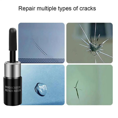 DIY Windshield Repair Kit For Chips And Cracks With Resin Glass Repair Fluid Quick And Easy Fix For Car Windshields Star Shaped Crack Repair Professional Grade. Image showing repair fluid bottle with various crack types.