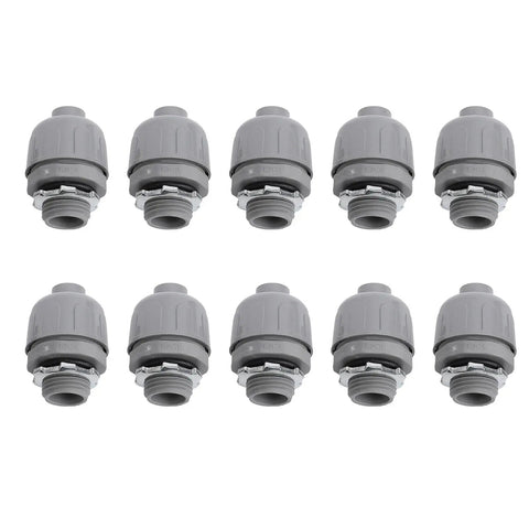 Heavy Duty One Inch Npt Liquid Tight Conduit Connectors 10 Pack Nylon 6 Electrical Fittings in grey, arranged neatly.