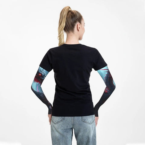 Back view of woman wearing Top Tier Cooling Arm Sleeves With Bold Dragon Pattern, showcasing quick dry fabric and four way stretch.