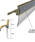 Gold Framed Shower Door Bottom Deflector With Vinyl Sweep And Pre Applied Mounting Tape 30 Inch Long Cut To Size For Framed Swing Doors Keeps Leaks In Check, close-up view with dimensions and pre-applied tape visible.