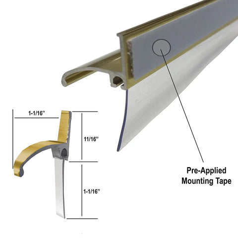 Gold Framed Shower Door Bottom Deflector With Vinyl Sweep And Pre Applied Mounting Tape 30 Inch Long Cut To Size For Framed Swing Doors Keeps Leaks In Check, close-up view with dimensions and pre-applied tape visible.
