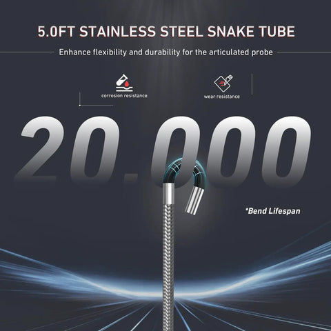 Ultra Slim 3.9mm Two Way Articulating Borescope With 5 Inch HD IPS Screen Stainless Steel Flexible Fiber Optic Endoscope Camera With Built In Light For Tight Engine And Pipe Inspections 0.15 Inch Probe Automotive Tool, 5.0ft snake tube