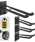 Four 14 Inch BeefedUp Heavy Duty Garage Hooks with support rods, steel wall mount hangers shown storing a ladder and a car tire