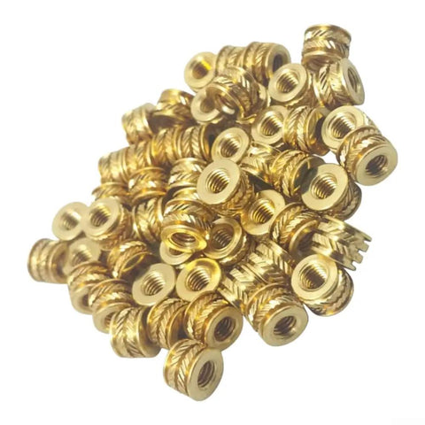 Industrial Grade 6-32 Brass Heat Set Inserts Optimized For Thermoplastic Bonding And 3D Printer Frames, pack of 50, featuring knurled design.