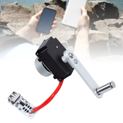 Hand Crank Generator Portable Emergency Power Charger With Rectifier for outdoor camping use, aluminum alloy and stainless steel.