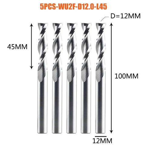 Heavy Duty Solid Carbide 2 Flute Up Cut Spiral Router Bits 5 Piece Set For Slick Wood Carving And Cnc Milling Jobs That Slice Clean Through Lumber Like A Hot Knife, 12mm diameter, 100mm length.