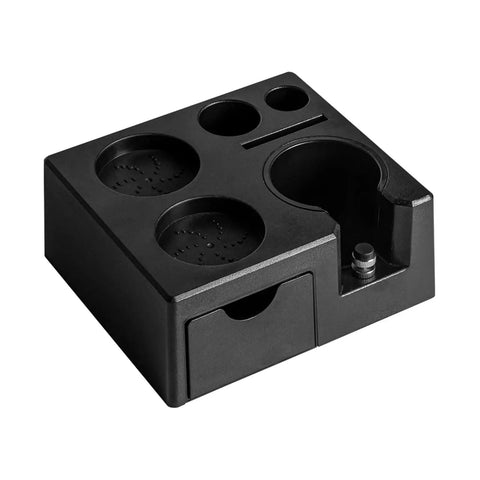 Slick Coffee Tamper Holder Portafilter Stand Tight Tamping Station Organizer For Home Baristas in black ABS material.