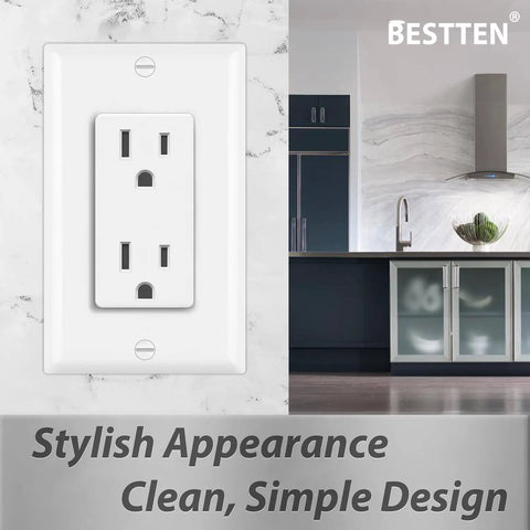 20 Pack Decorator Duplex Outlet, 15 Amp, 125 Volt, Non Tamper Resistant, White Wall Plate Included, UL Listed in kitchen