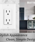 50 Pack 15 Amp Electrical Outlet Receptacles Non Tamper Resistant DIY Friendly With Decorator Wall Plate And Screws Included Gloss White Finish 125 Volt 1875 Watt UL Listed installed in modern kitchen