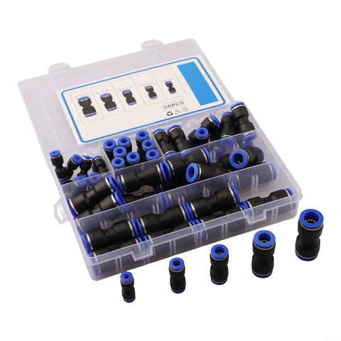 50 Pack Straight Push Connectors Pneumatic Fittings Kit With Quick Release Air Hose Adapters For Machinery Electronics And Auto Jobs In Black And Blue, 50pcs case