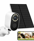 Heavy Duty Solar Powered Outdoor Wifi Home Security Camera Wire Free With Advanced Night Vision And Intelligent Motion Detection Zero Fuss Wireless Surveillance For Your Garden And Driveway with solar panel and mobile app view.