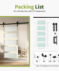 Heavy Duty Sliding Frosted Glass Barn Door With Five Panel Design And Full Roller Track Hardware Ready To Roll Smooth Glide System For Closet Bedroom Or Bathroom Modern Privacy Partition No Sweat Setup packing list with door dimensions and hardware kit.