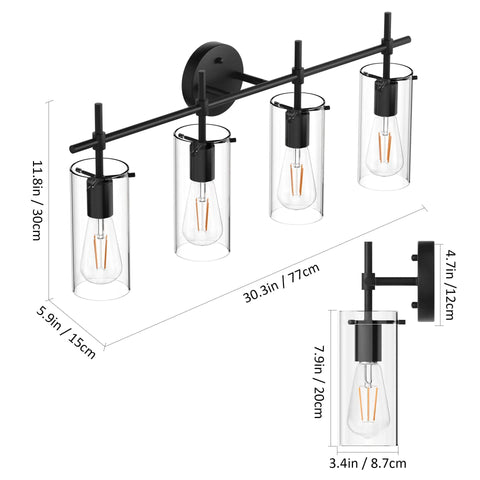Black Four Light Vanity Light Fixture Farmhouse Style For Bathroom Lighting E26 Socket Compatible Rustic Modern Bath Bar With Easy Mount Bulbs Not Included