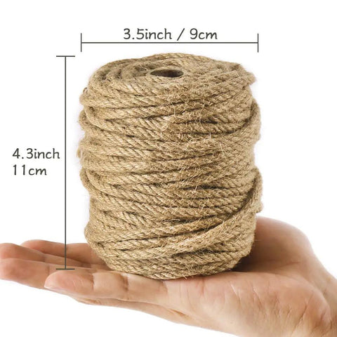 5mm Jute Rope 100 Feet 4-Ply Twisted Beefy Heavy Duty Thick Twine on a hand with measurements, perfect for crafting and gardening.