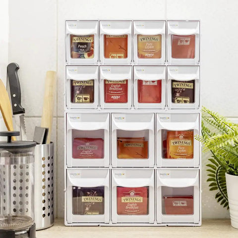Plastic Tilt Out Bin Organizer For Arts And Crafts And Sewing Supplies Stash, Coffee Pod And Tea Bag Storage, Dental Tip Out Cabinets, White, Removable Clear Bins, High Impact ABS Plastic FO 306 WT displayed on kitchen counter with tea bags