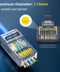 Close-up of 200 Pack RJ45 Cat6 Pass Through Connectors For Solid Or Stranded UTP Cable, transparent housing with wires inserted