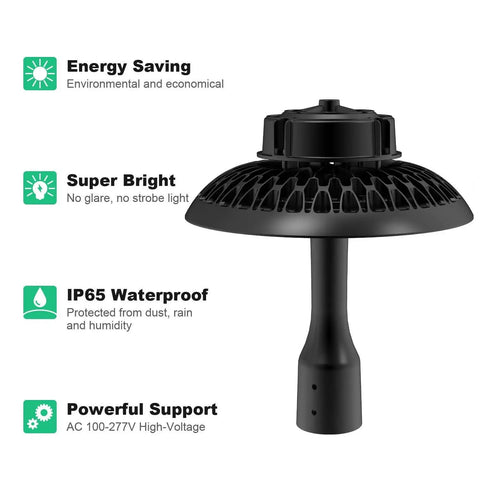 Outdoor Post Top LED Light 100W Area Light, 13,000 Lumens, 5500K Pure White, 300W Equivalent, Garden Yard Street Pathway Pole Fixture, Uber Bright, Long Lasting 50,000 Hour Life diagram showing features