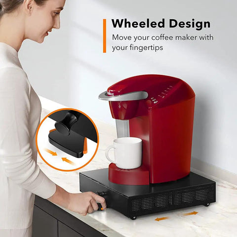 Person using K Cup Drawer Organizer With Sliding Tray And Pull Out Pod Holder Rolling Stand For Keurig Countertop Coffee Pod Storage