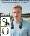 Wearable Bladeless Neck Fan For Hands Free Cooling On The Go Rechargeable Portable Cooling Device Perfect Gift For Dad And Mom Camping Travel Beach Golf Cruise Work And Everyday Use shown worn by a man outdoors with size details.