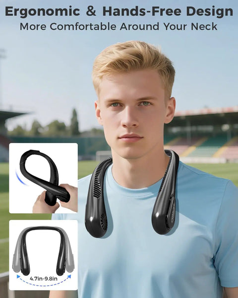 Wearable Bladeless Neck Fan For Hands Free Cooling On The Go Rechargeable Portable Cooling Device Perfect Gift For Dad And Mom Camping Travel Beach Golf Cruise Work And Everyday Use shown worn by a man outdoors with size details.