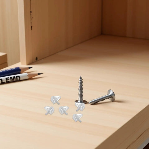 Plastic Shelf Pegs Set 150 Pack 3mm Diameter With 0.11 Inch Hole Locking Design on wood surface with screws and pencils