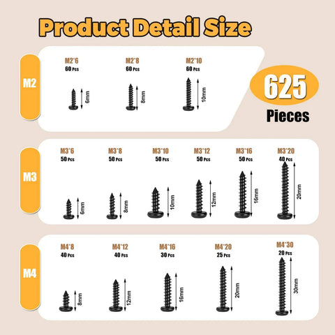 625 Pcs 14 Size Self Tapping Screws Set For Plastic And Metal M2 M3 M4 Phillips Pan Head Black Carbon Steel Cross Recessed Round Head Assortment Kit Plus Heavy Duty size chart
