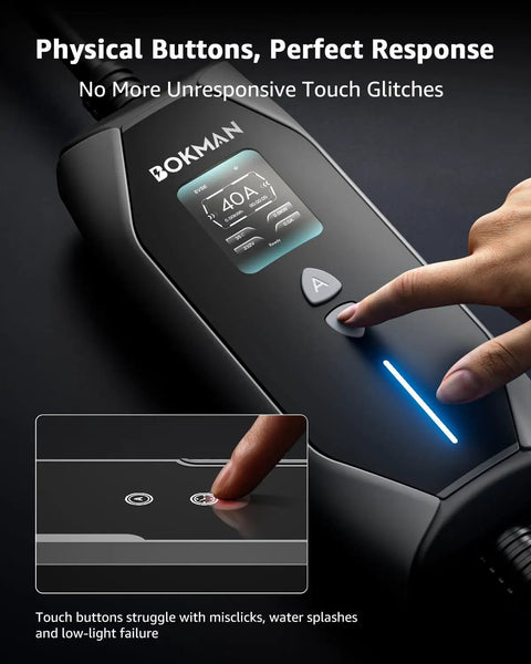 Top Tier Level 1 And Level 2 EV Charger Featuring A Hella Fast 40 Amp Charge Rate With A Roomy 20 Foot Cable Designed for Daily Drivers Craving Hassle Free Home Charging Plus Nema 14 50 And 5 15 Outlet Adapters Included showing physical buttons and display.
