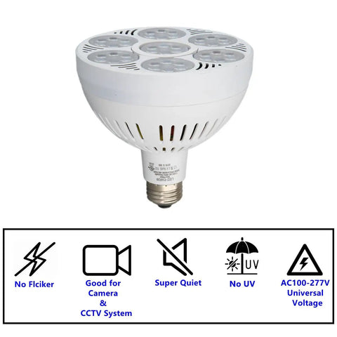 PAR38 LED Spotlight Bulb 10000K Cool White 45 Degree Beam, no flicker, no UV, suitable for CCTV, universal voltage