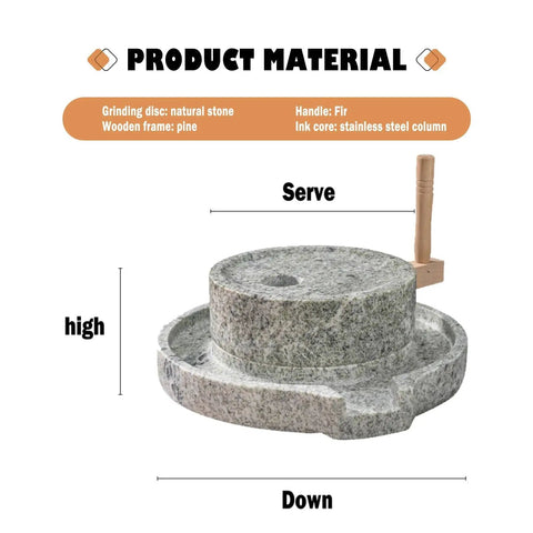 Side view of Natural Granite Hand Crank Mill Grinder For Beans Grains Spices And Herbs Handmade Wooden Frame Dry And Wet Grinding Stone Burr Dope Kitchen Coffee Flour Mill 35cm with dimensions