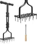Manual Lawn Aerator With 15 Iron Spikes Hand Garden Aeration Tool For Lawns And Yards To Loosen Soil Improve Drainage And Boost Turf Health 36 Inch Black Spike Aerator Tool For Easy Yard Care, showing details of spikes and handle