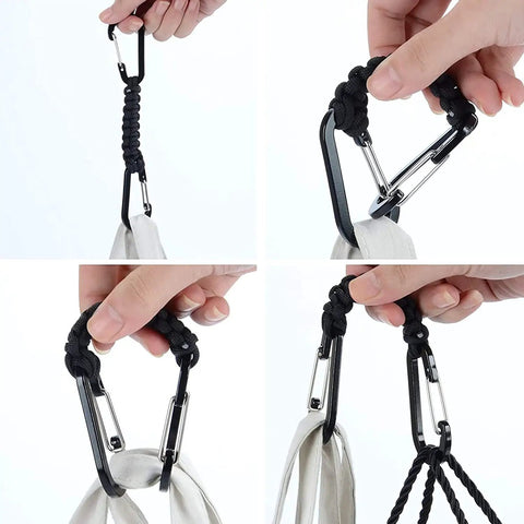 2 Pack Black Paracord Keychain Carabiner Clips With Heavy Duty Chain Hooks Lanyard Hangers for Water Bottles Keys Backpacks