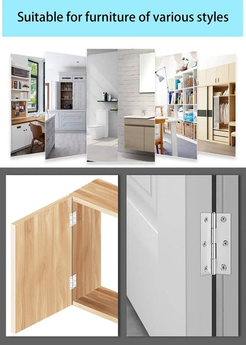 No Sweat Stainless Steel Cabinet Hinges With Matching Screws, Dang Solid Two Inch Four Hole Design For Fast Furniture Assembly, Silver Finish Keeps Your Daily Crafts Fresh, displayed on wooden and white cabinets.
