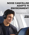 Man on airplane wearing Space One Active Noise Cancelling Headphones With 40 Hour Battery LDAC Hi Res Wireless Audio Bluetooth 5.3