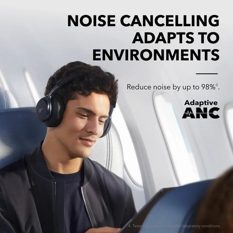 Man on airplane wearing Space One Active Noise Cancelling Headphones With 40 Hour Battery LDAC Hi Res Wireless Audio Bluetooth 5.3