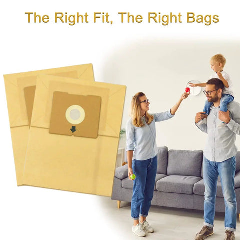 Family in living room with 10 Pack Replacement Vacuum Bags For Zing Canister Vacuums Compatible With 4122 4122D 2154A 2154W 2154C 1668 1668C 1668W 1608 on display