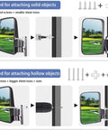 Universal Golf Cart Mirrors With Folding Side Mirrors And Rear View Mirror For Most Carts Including Yamaha Club Car EZGO TXT RXV Precedent Models, installation details for attaching to solid and hollow objects.