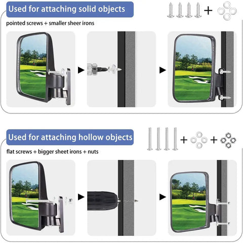 Universal Golf Cart Mirrors With Folding Side Mirrors And Rear View Mirror For Most Carts Including Yamaha Club Car EZGO TXT RXV Precedent Models, installation details for attaching to solid and hollow objects.