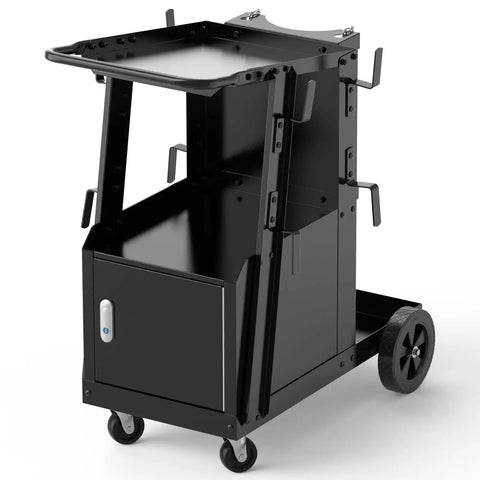 Heavy Duty Welding Cart With Large Lockable Cabinet For MIG TIG Stick Welders And Plasma Cutters, side view