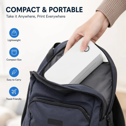 Zero Hassle Bluetooth Thermal Label Printer And Wireless Shipping Label Maker For Business compactly stored in a backpack.