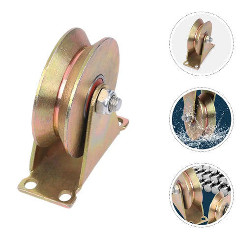4 Inch V Shaped Pulley Wheel Heavy Duty Steel Cable Traction Block with ball bearing guide, golden finish, ideal for industrial use