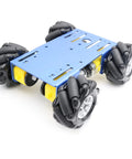 Mecanum wheel car chassis MC100 with blue metal base and four omnidirectional wheels