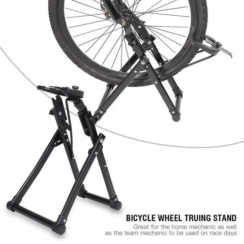 Foldable Wheel Truing Stand For 16 To 29 Inch Wheels, Pro Grade Tire Maintenance Holder And Rim Stand with bike wheel on stand