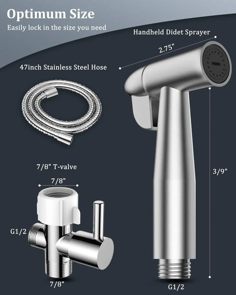 Handheld Bidet Sprayer With Water Filter And Adjustable Pressure Stainless Jet Spray 47 Inch Leak Proof Hose with T-valve