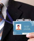 Top Shelf Blank Pvc Id Badge Cards For Card Printers Cr80 Standard White Stock 30 Mil Thick 1000 Pack Ready To Roll, worn by a businessman.