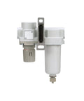 Three Quarter Inch NPT Compressed Air Filter Regulator Combo with Metal Bowl, side view, manual drain, gauge bracket, 10 micron element.