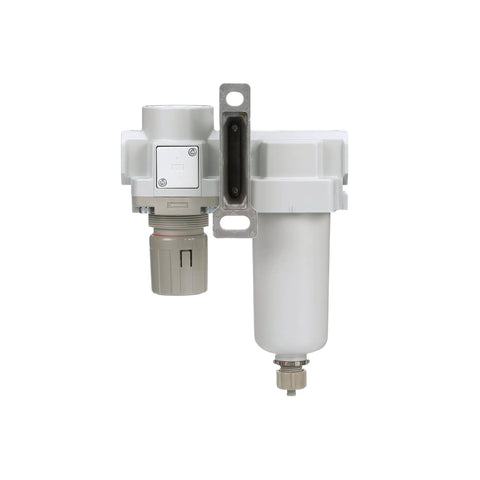Three Quarter Inch NPT Compressed Air Filter Regulator Combo with Metal Bowl, side view, manual drain, gauge bracket, 10 micron element.